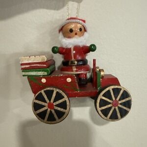 Vintage Bronson Santa with presents Wooden Ornament Made in Taiwan